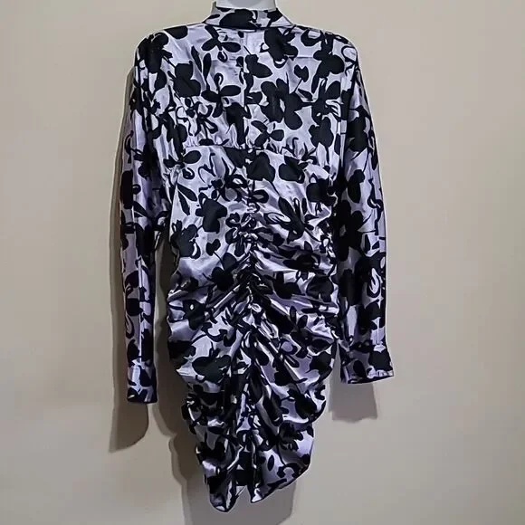 Zara Satin Effect Black and Lilac Dress Sz Large - Picture 7 of 8